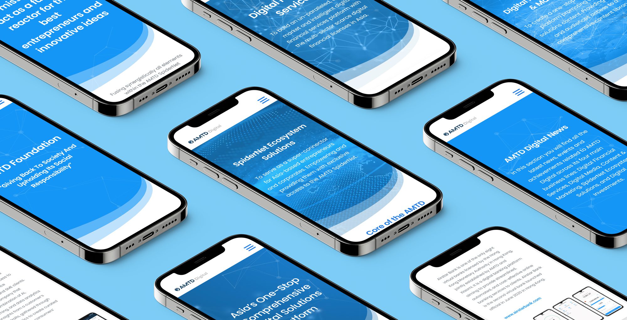 AMTD International website shown on multi phone screens on light blue background