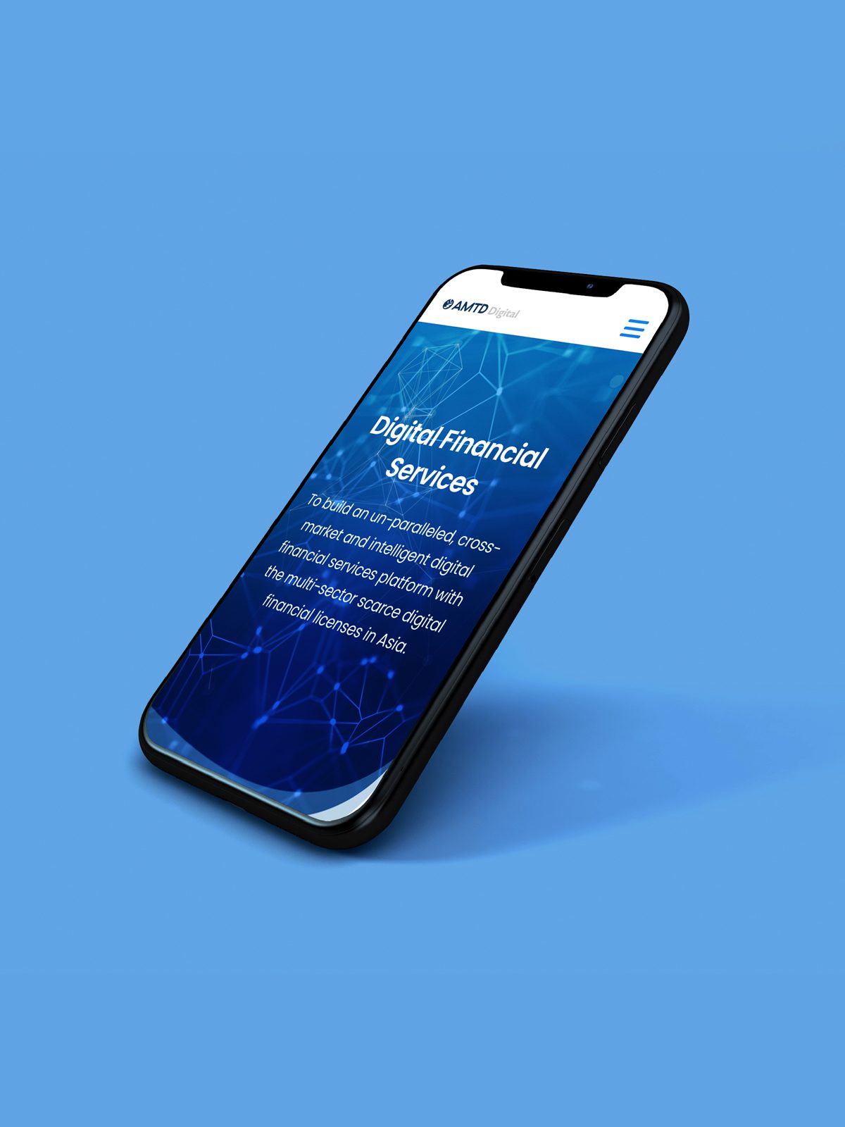 AMTD International website shown in phone screens on blue background