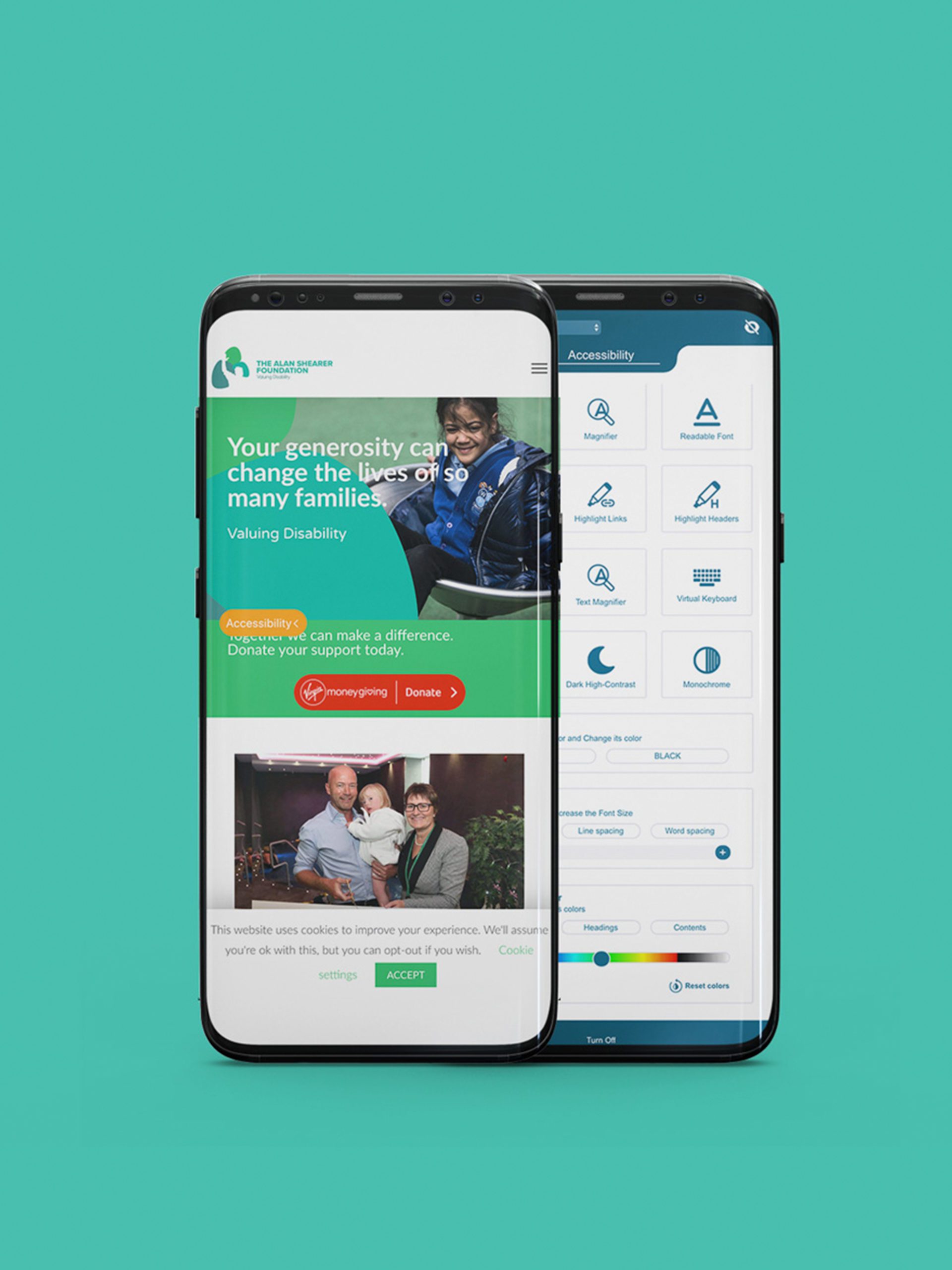 Alan Shearer Foundation website shown on phones on aquamarine background