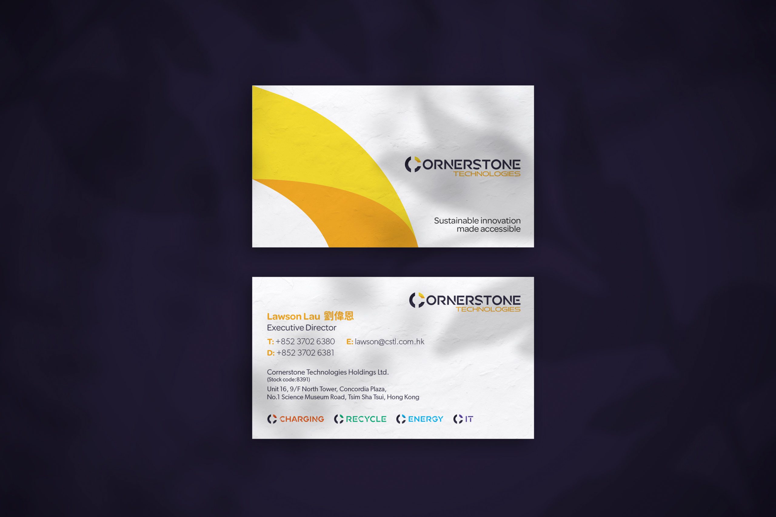 Cornerstone Technologies business card design on dark purple background