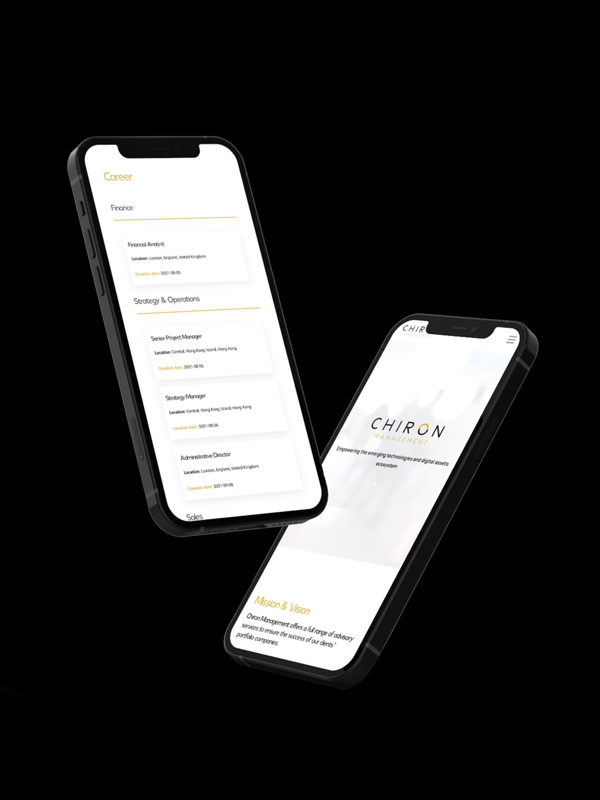 Chiron Management website shown on phones with black background