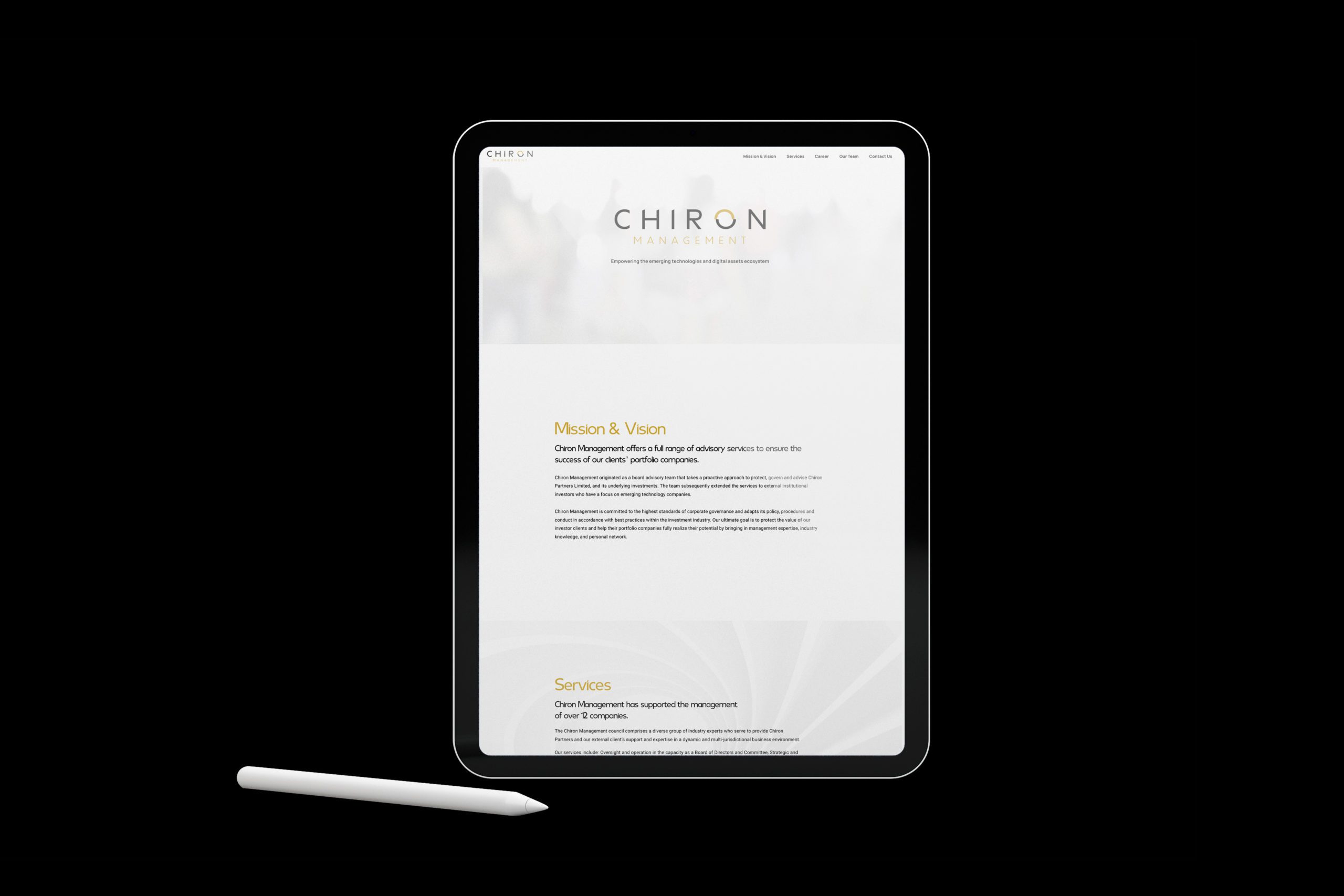 Chiron Management website shown on tablet with black background