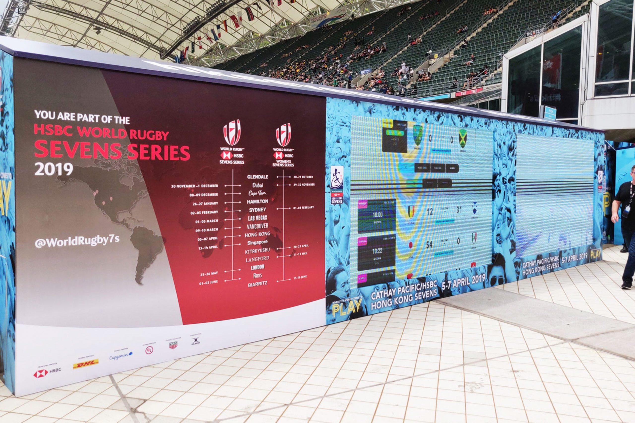 Hong Kong Seven sports event info wall in stadium