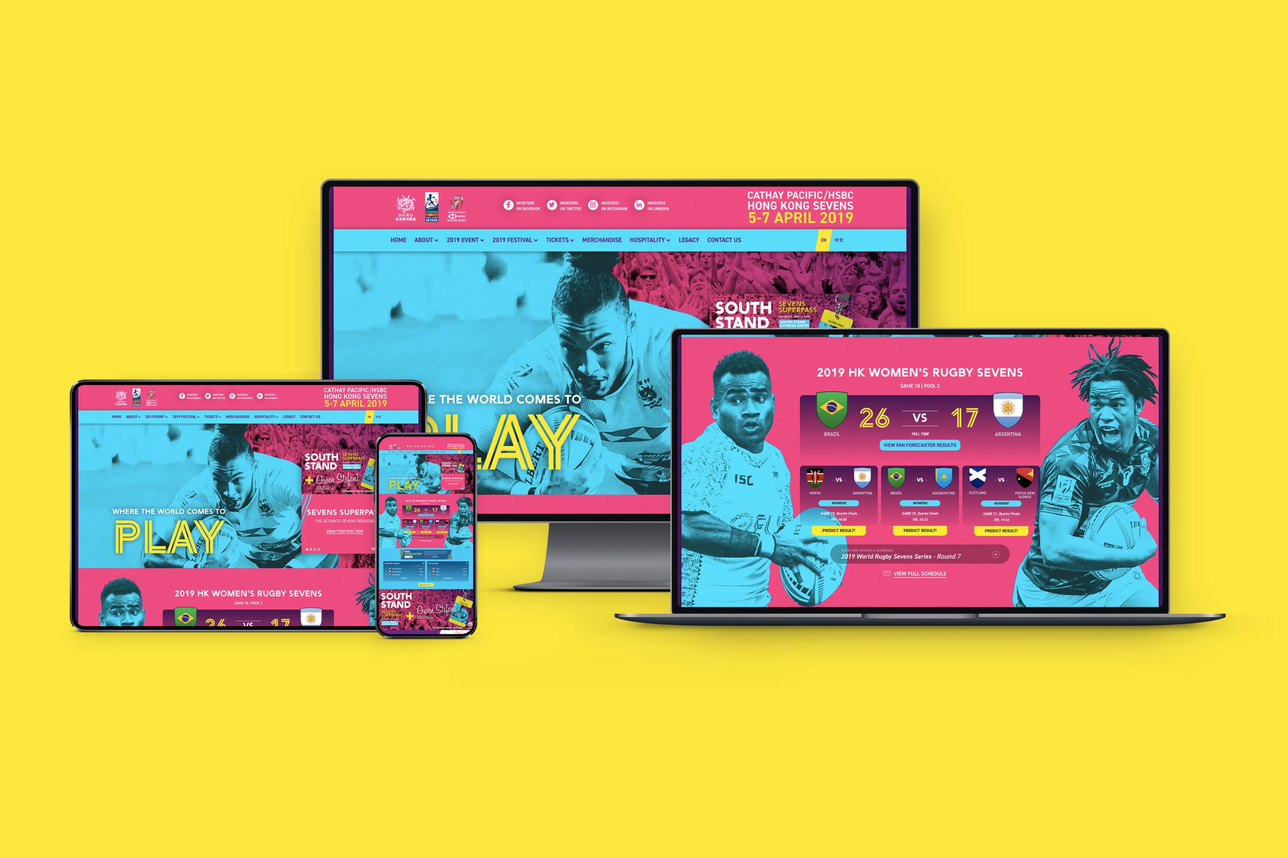 Hong Kong Seven Website shown on various responsive devices on bright yellow background