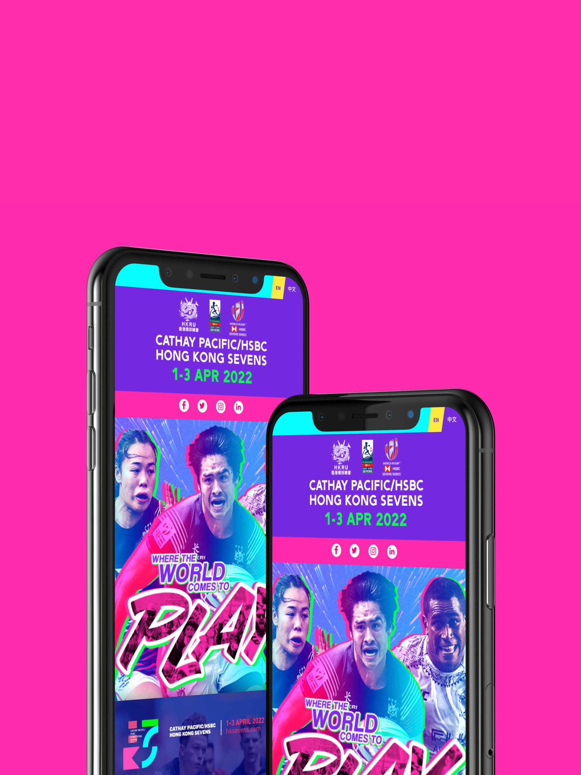 Hong Kong Seven website shown on phones with neon pink background