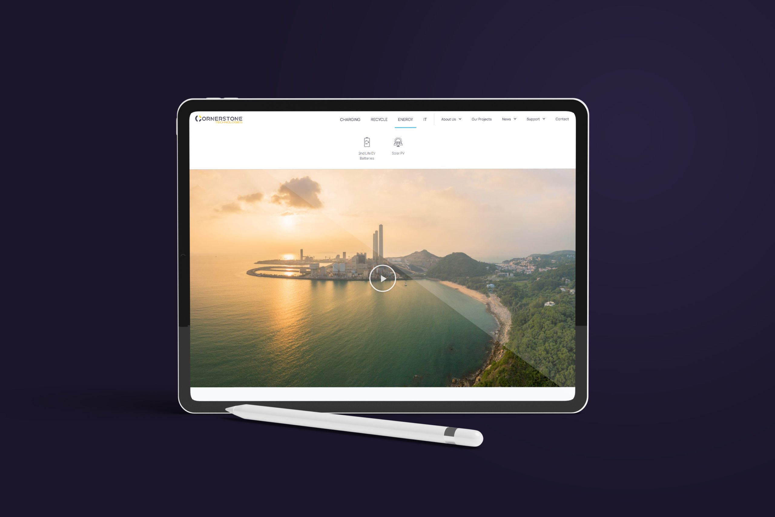 Cornerstone Technologies website on iPad screen with dark purple backround