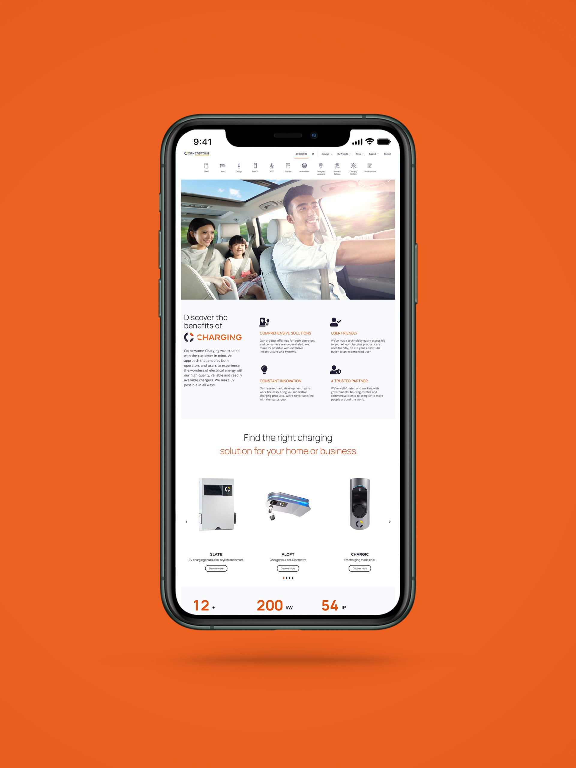 Cornerstone Technologies website on iPhone screen with orange background