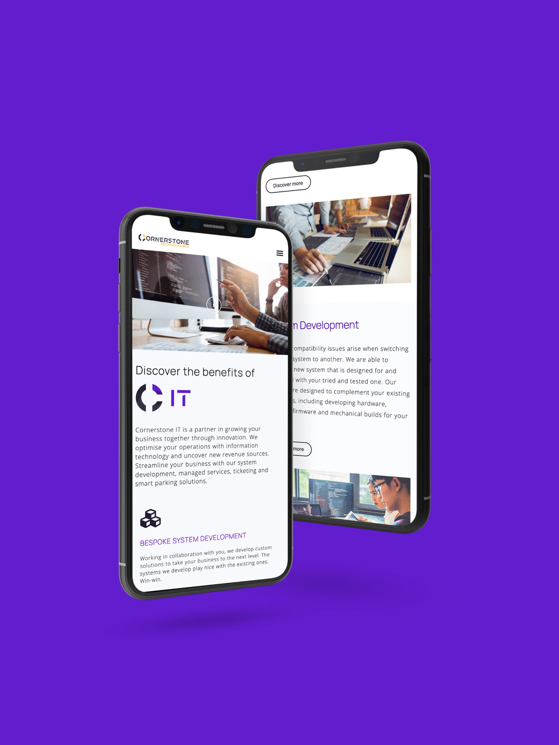 Cornerstone Technologies website on iphone screens with purple background