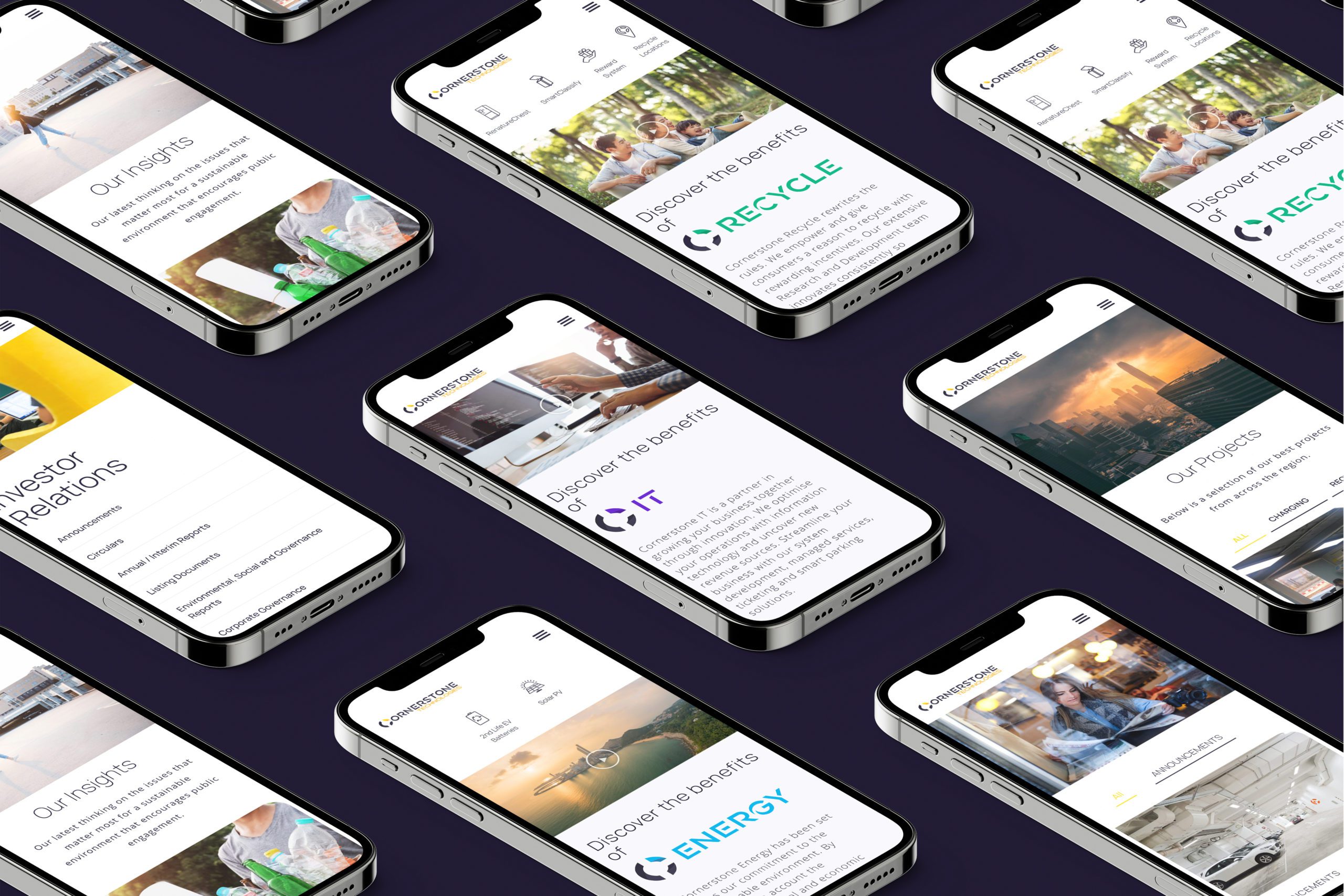 Cornerstone Technologies website on multi iPhone screens with dark purple background