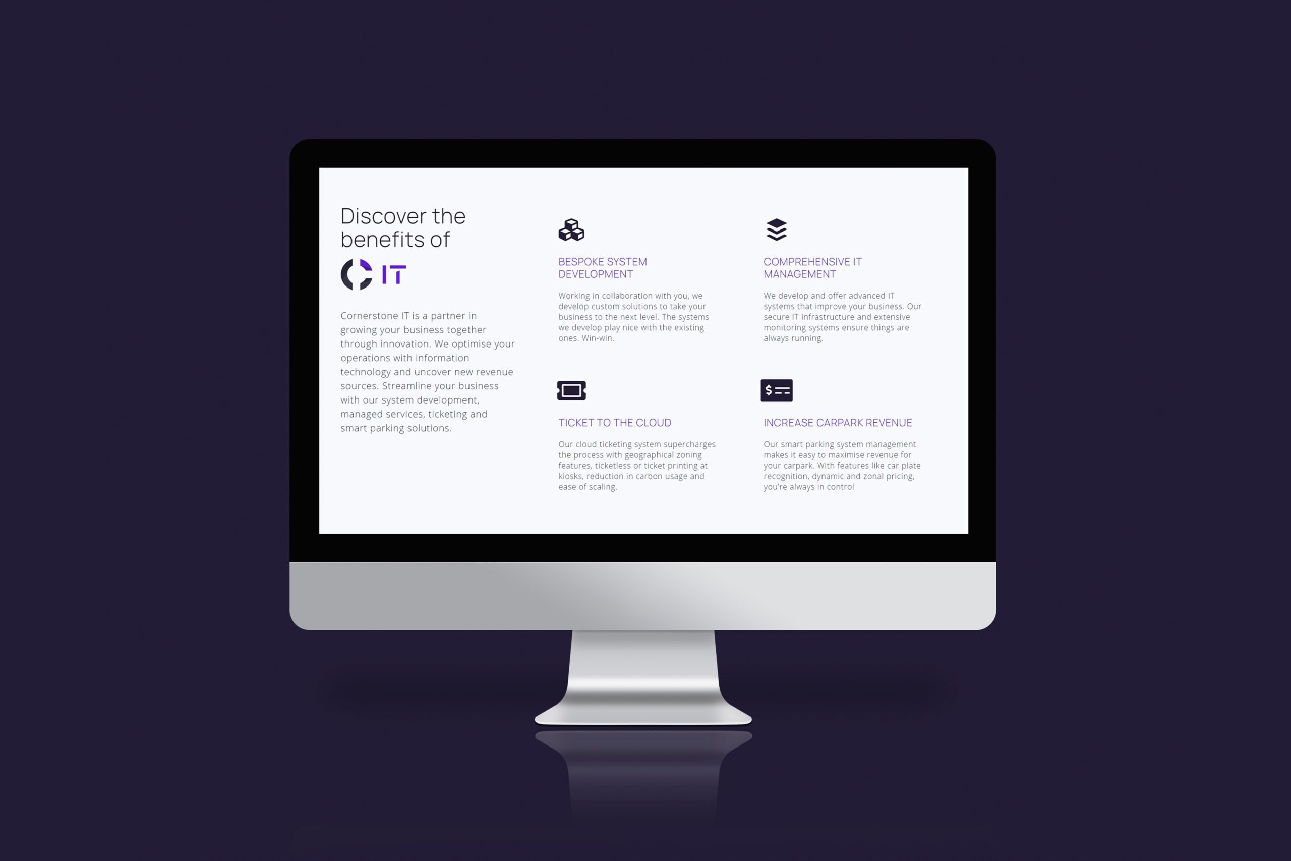 Cornerstone Technologies website on desktop screen with dark purple background