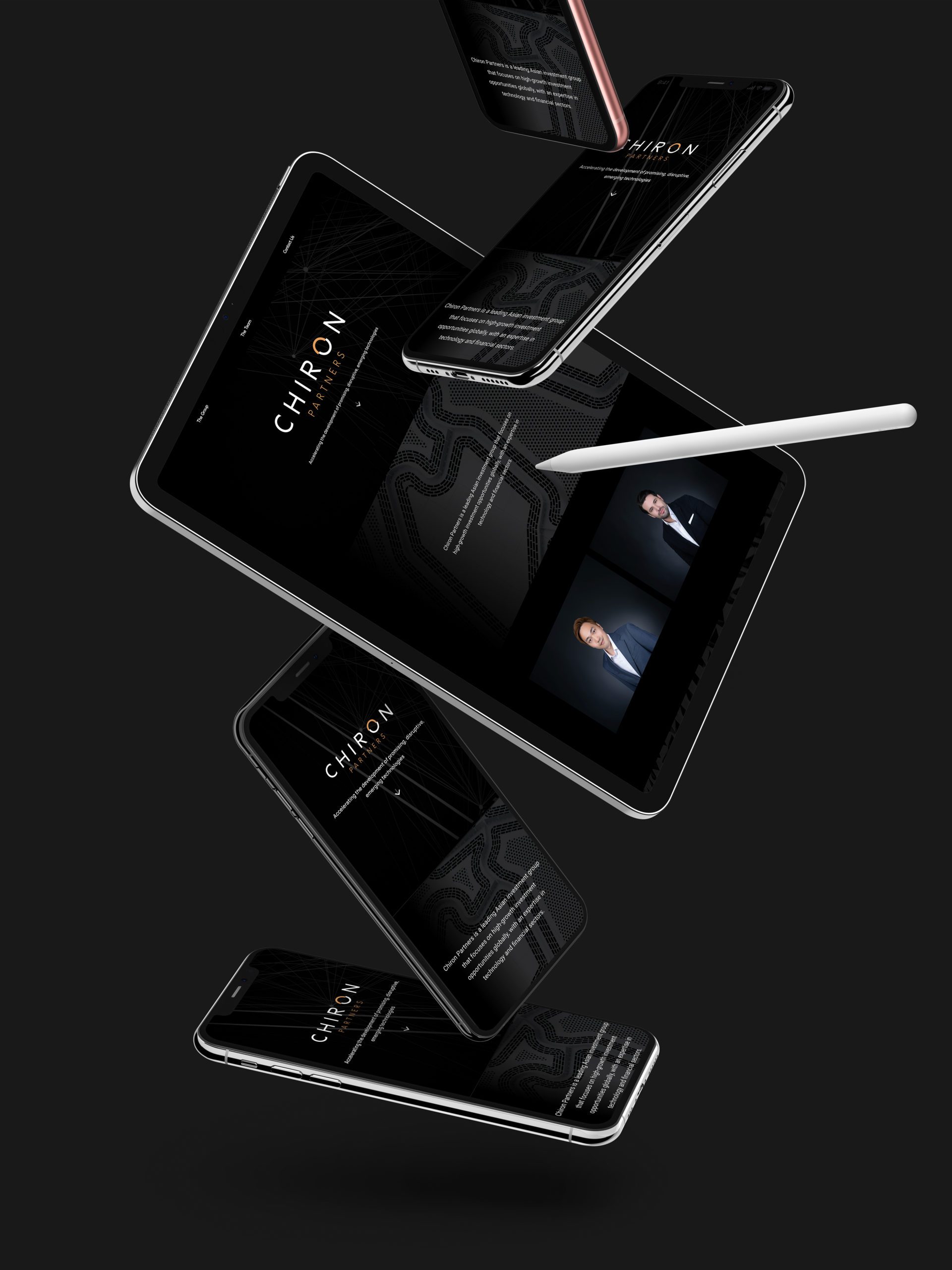 Chiron Partners website shown on varios responsive devices with dark background