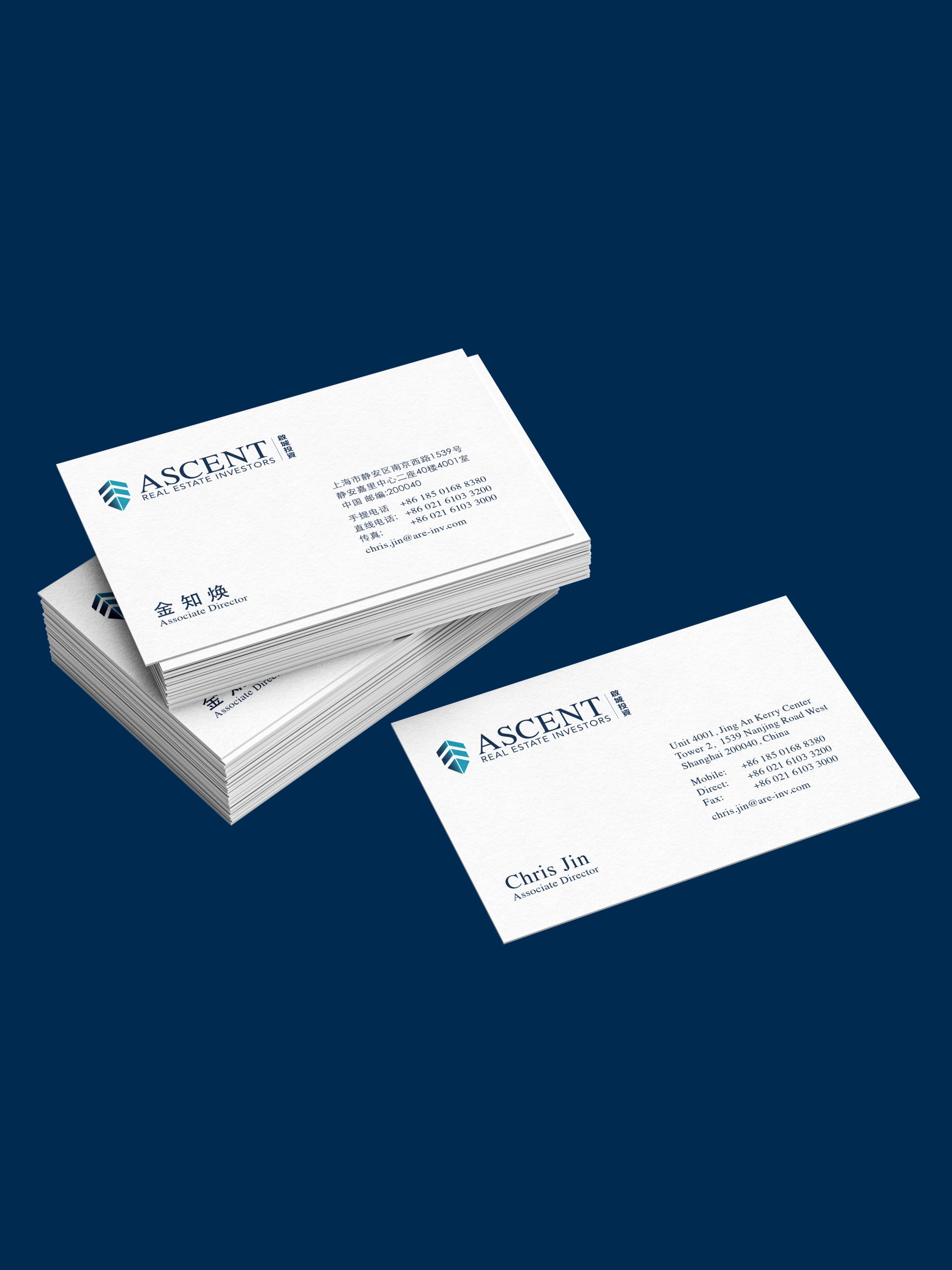 Ascent business card on dark blue background
