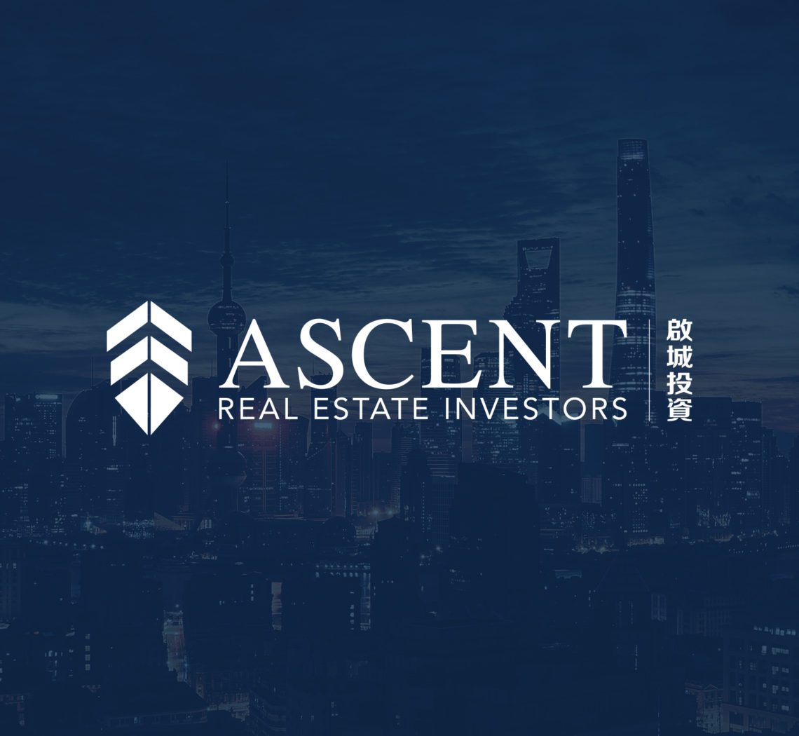 Ascent white logo on navy background of a city