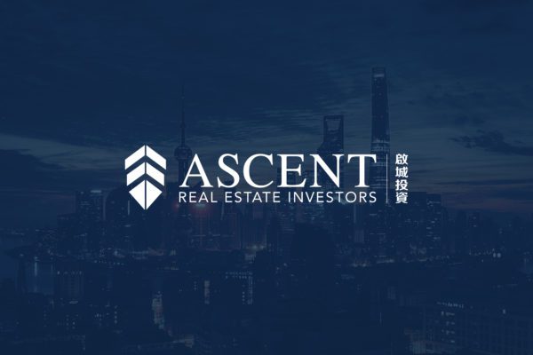 Ascent white logo on navy background of a city
