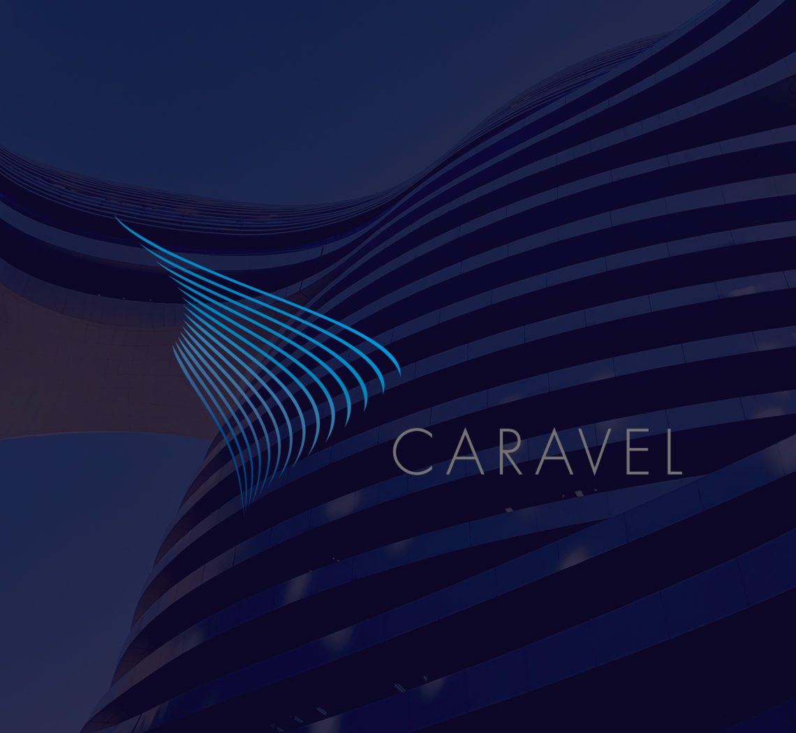 Caravel logo on dark blue background of a wavy architecture