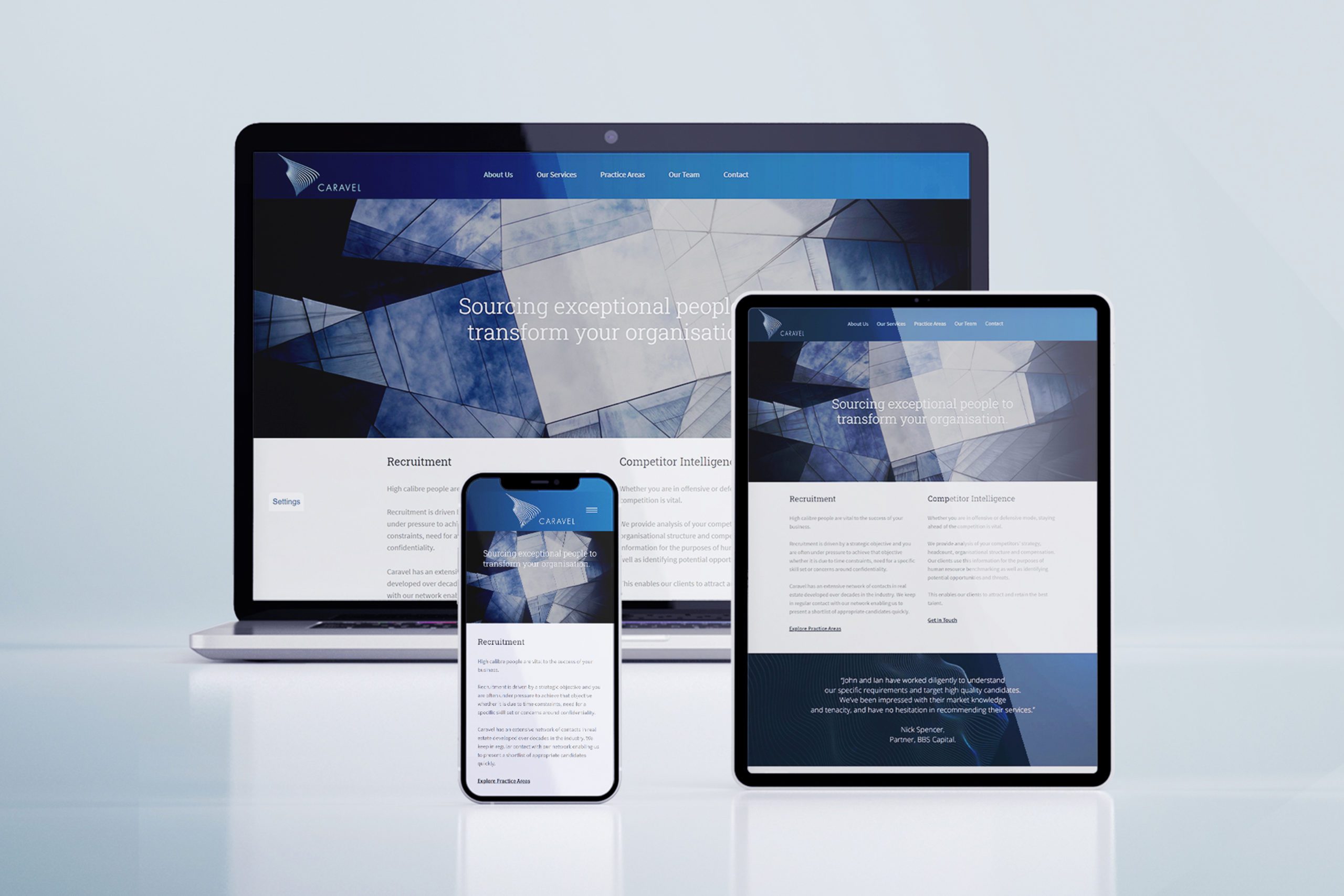 Caravel website shown on various responsive devices on ice blue background