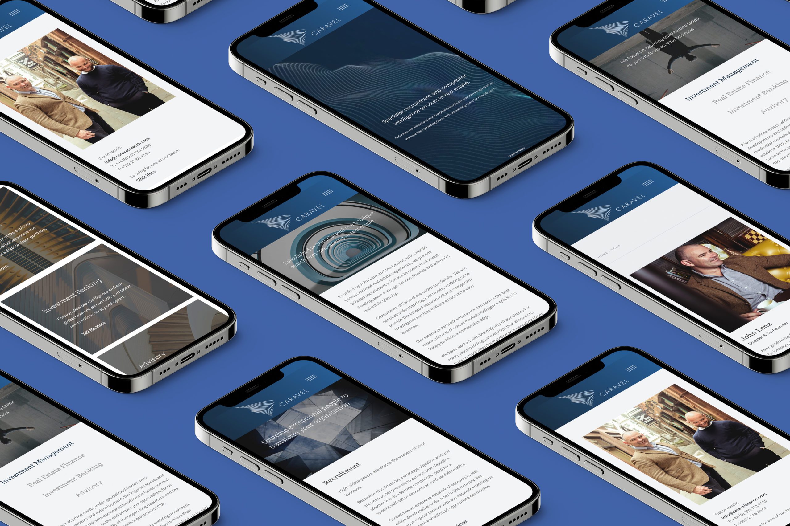 Caravel website multi phone screens on blue background