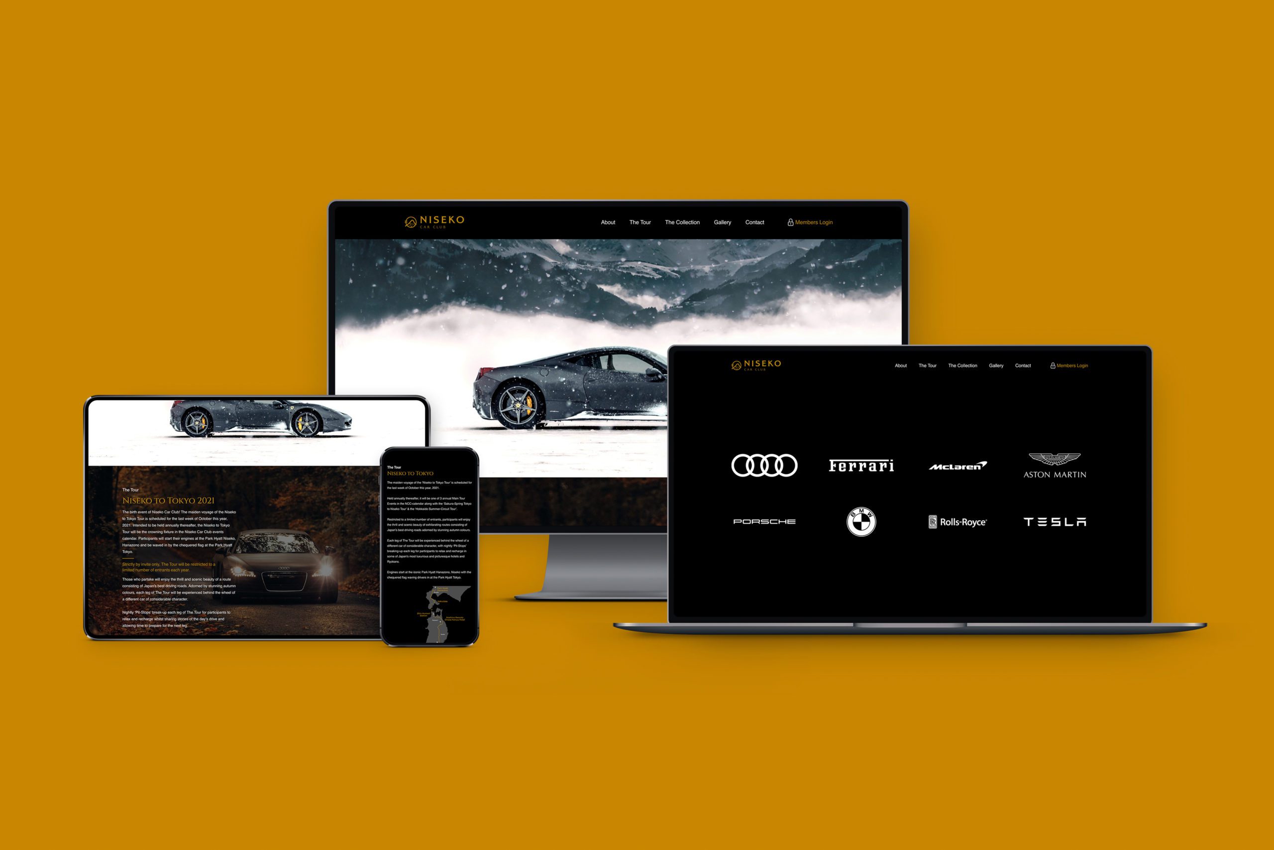 Niseko Car Club website on phone tablet laptop and desktop screen