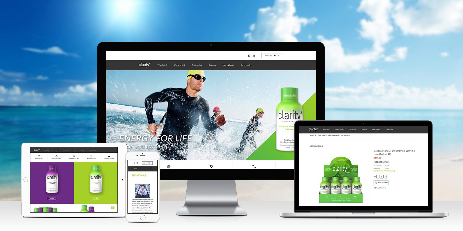Clarity website on various responsive devices with beach background