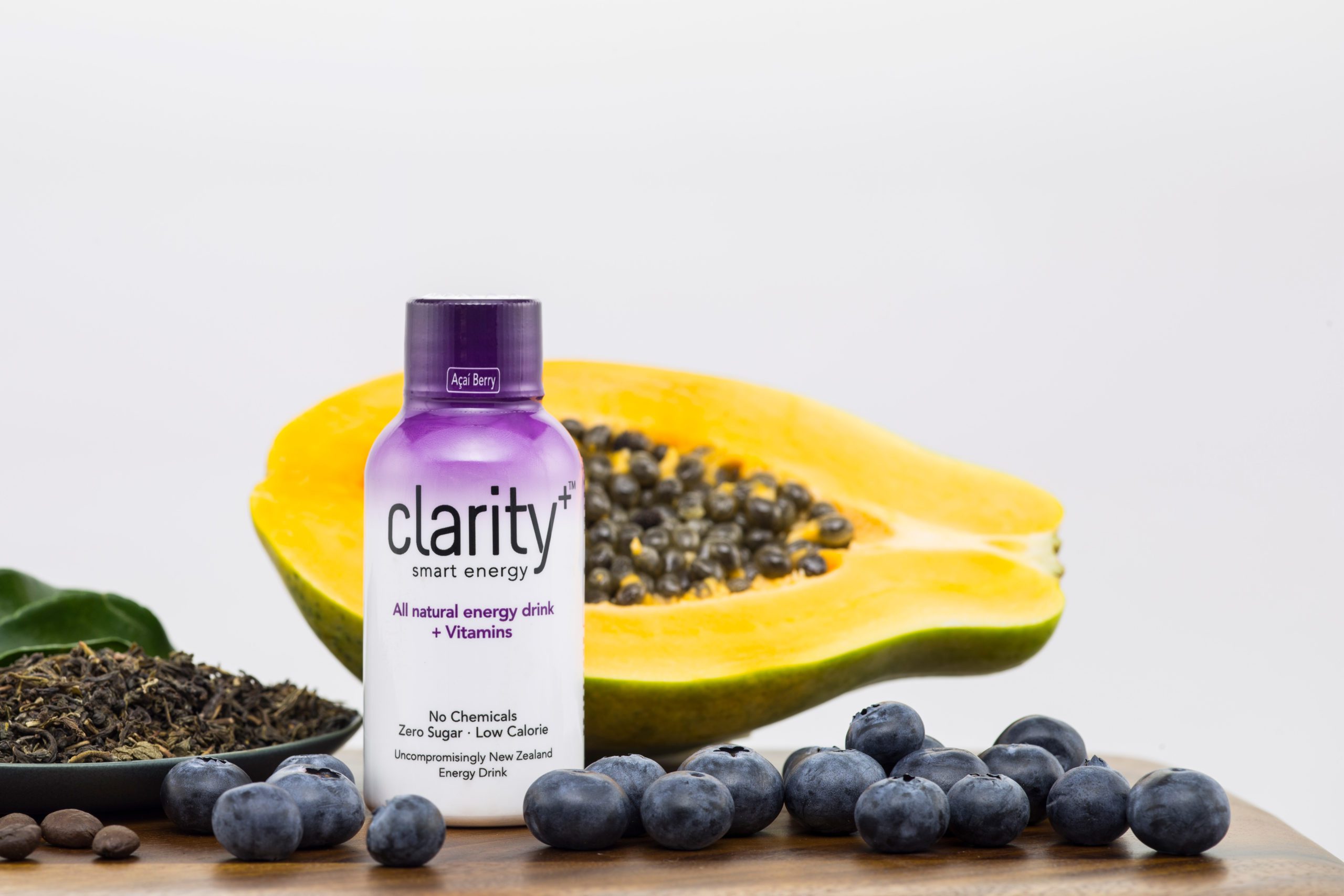 Clarity product photo with papaya and bluberry