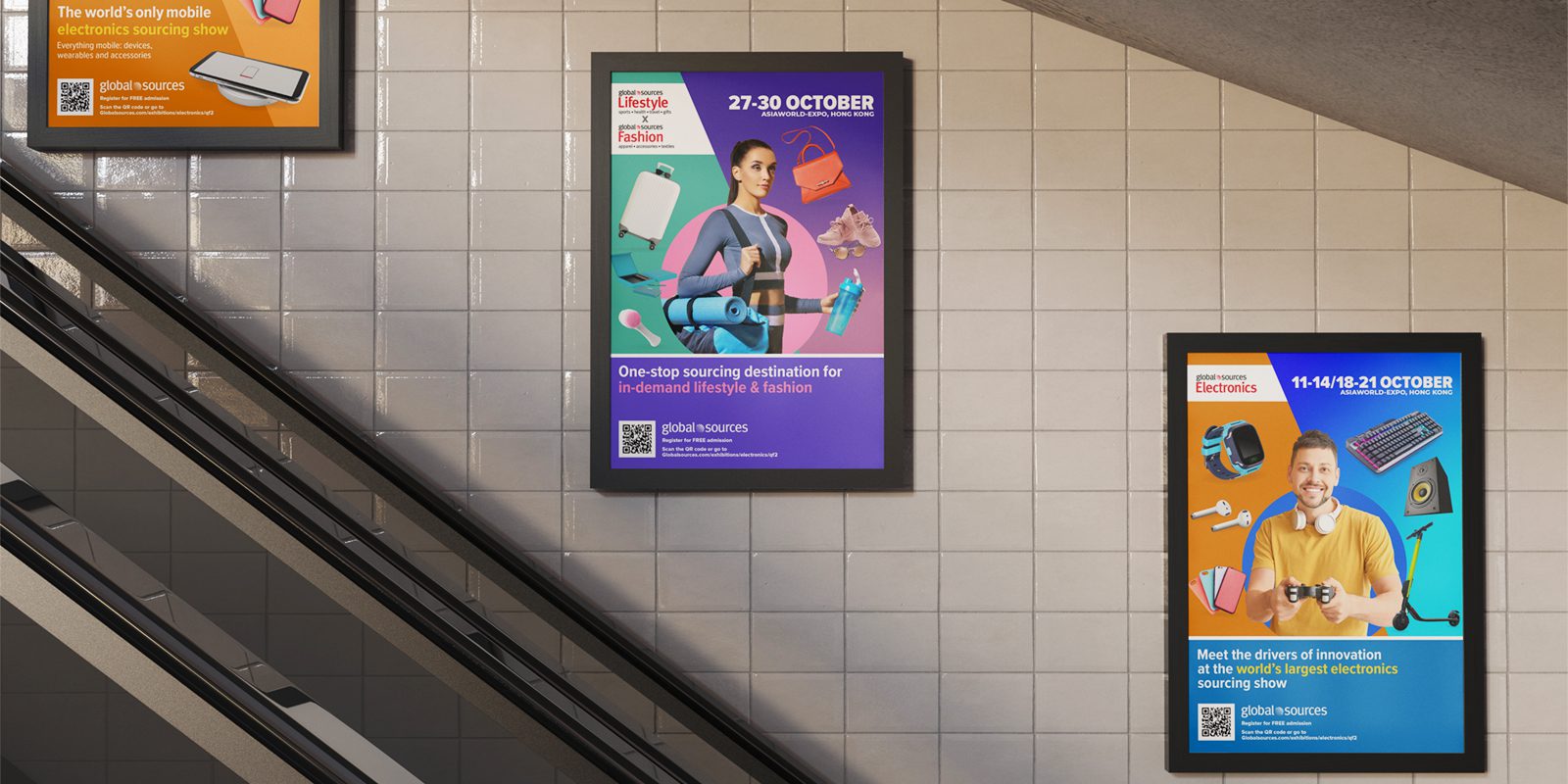 Global Souces Marketing Campaign 3 Portrait Poster Design Next to Escalator in Underground Station