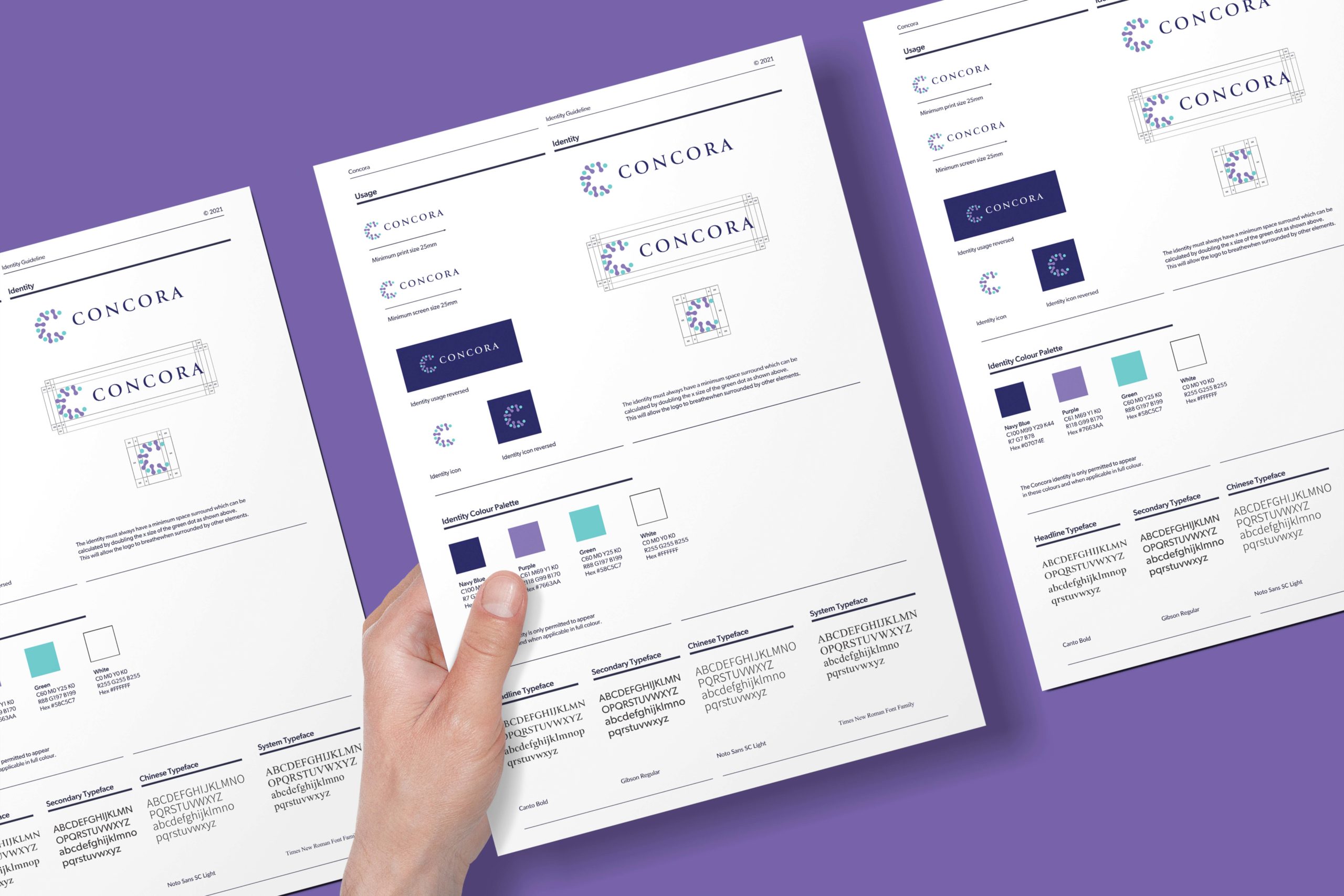 Concora Branding Project Branding Guidelines with purple background