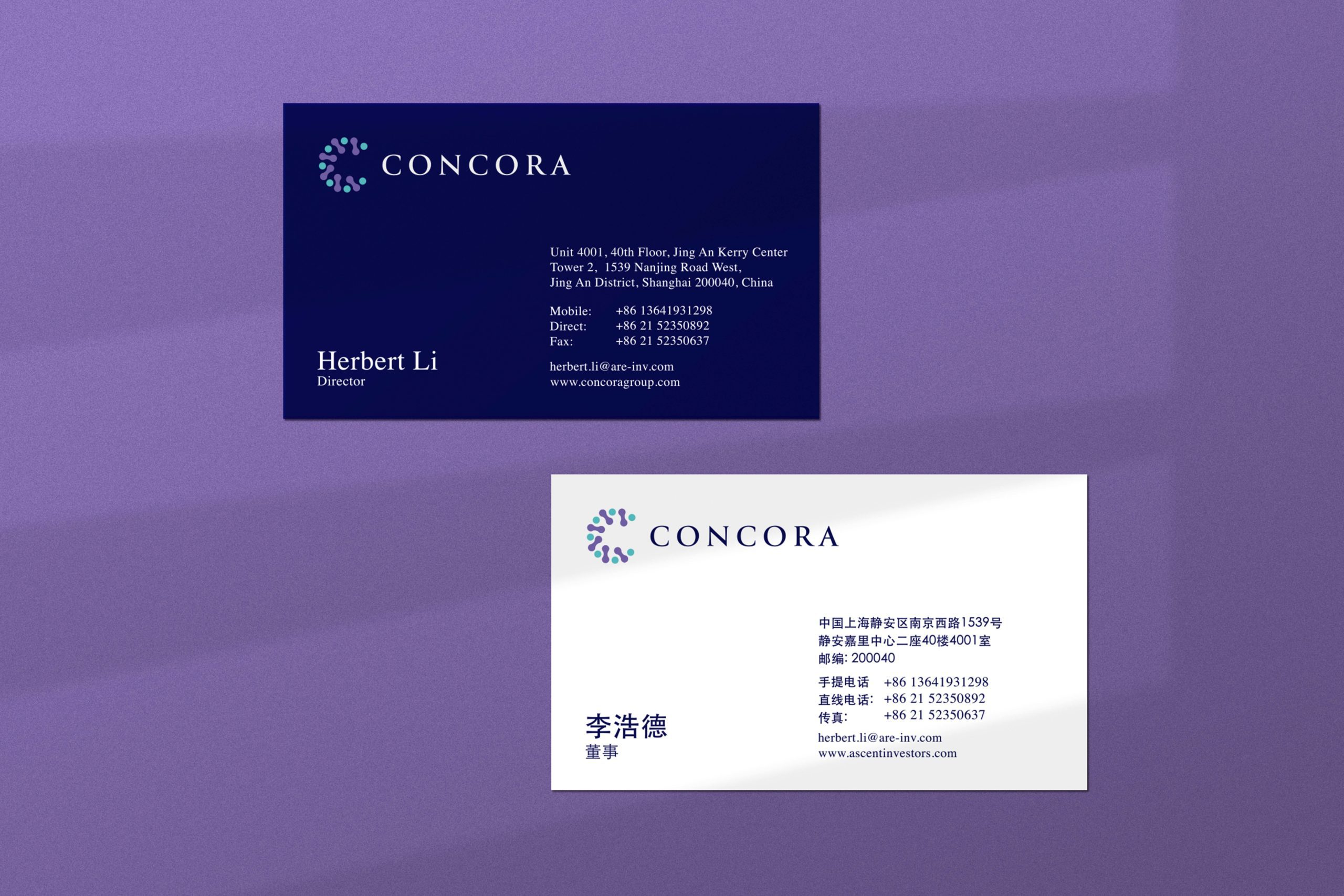 Concora Branding Project Business Cards Design on purple background