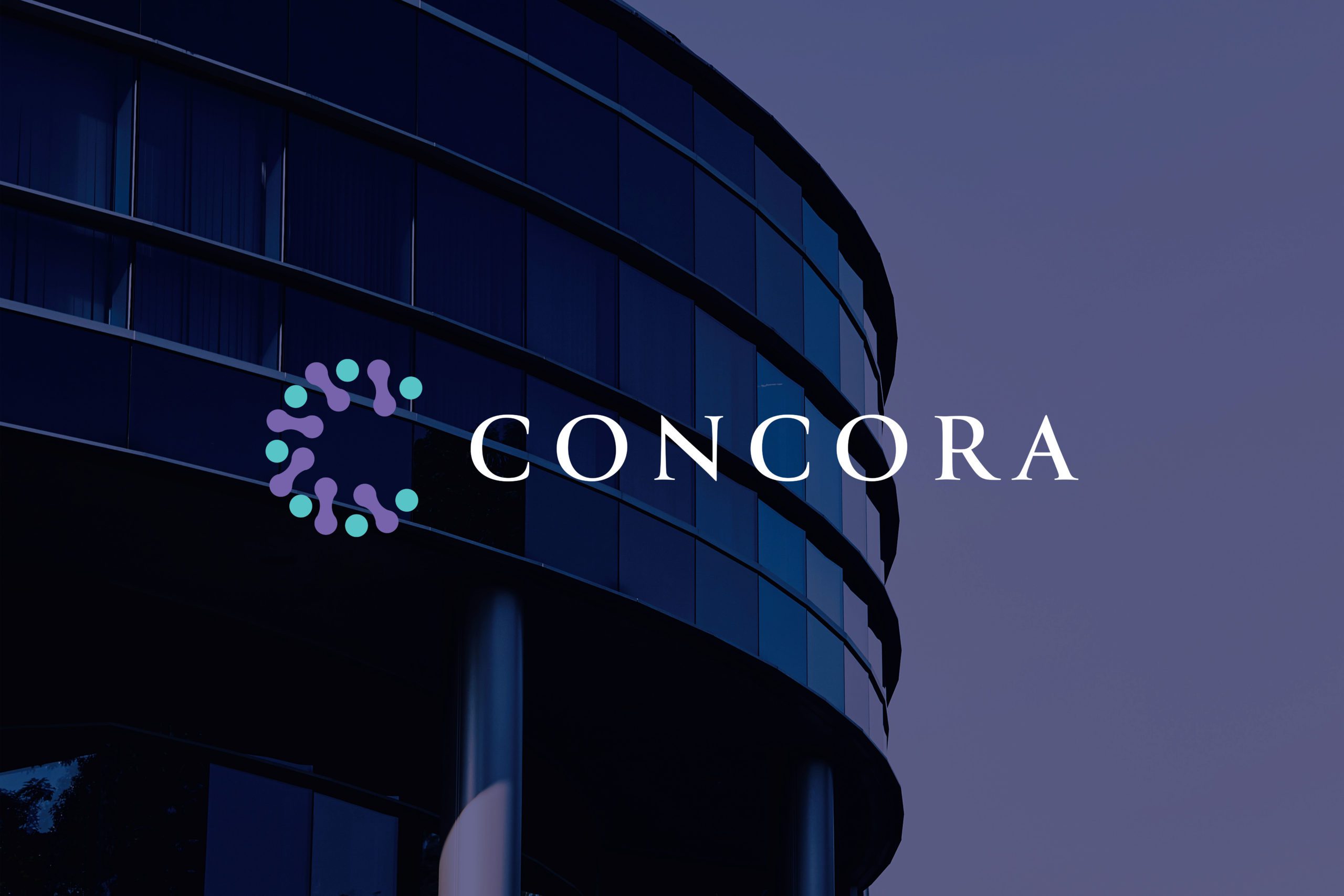 Concora logo on purple background of a modern building