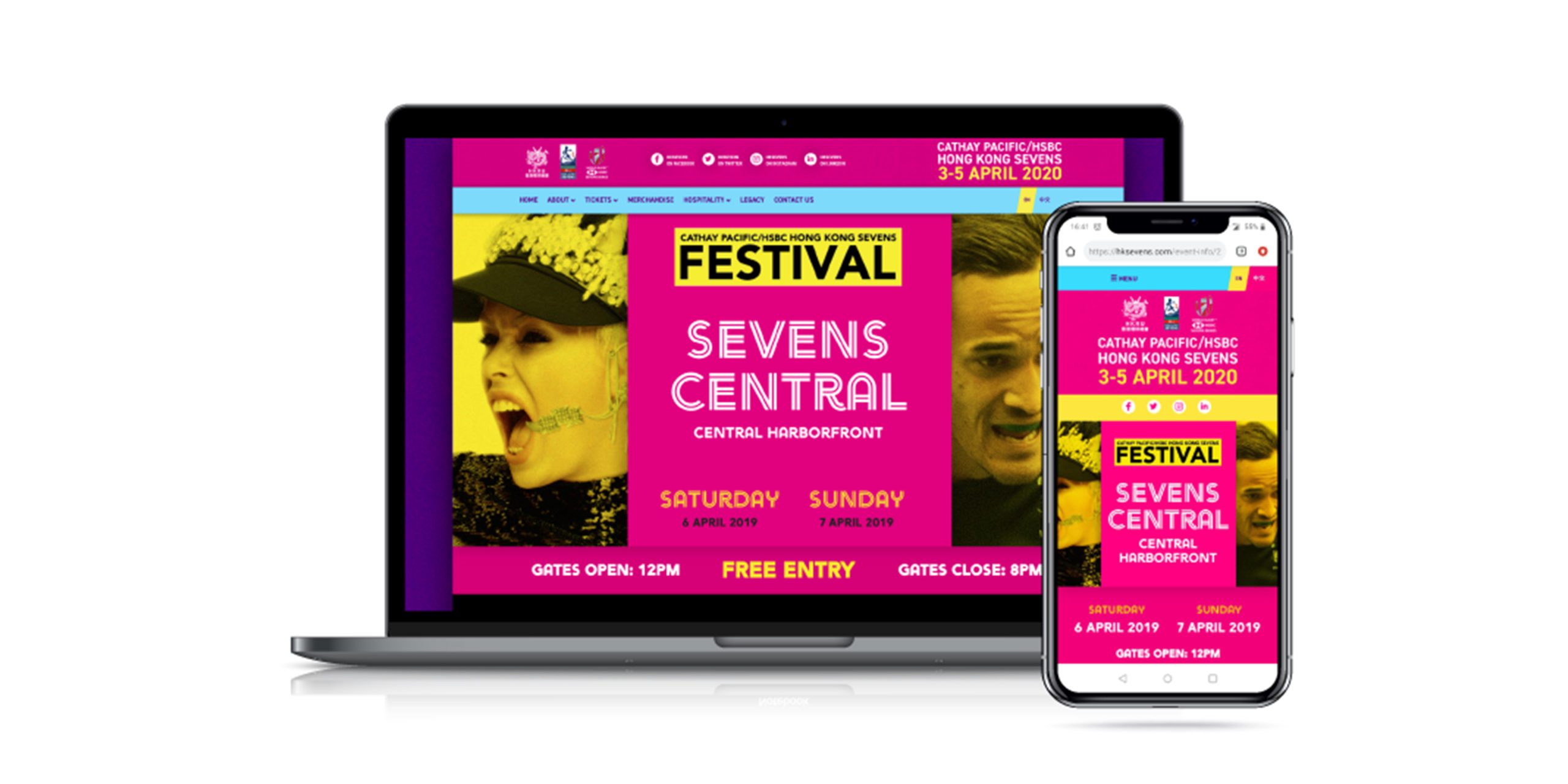 HK Sevens Festival website shown on iPhone and MacBook screen