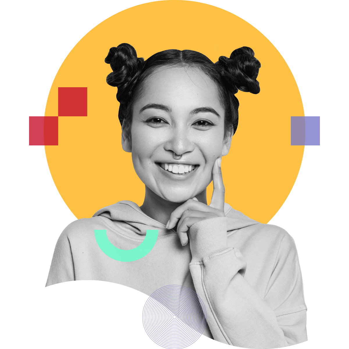 Asian young woman smiling portrait in black and white on yellow circle with decorative branding assets representing startups by ipulse marketing