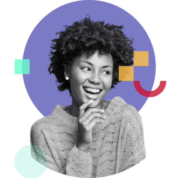 Black young woman smiling portrait in black and white on purple circle with decorative branding assets representing Startups by ipulse marketing