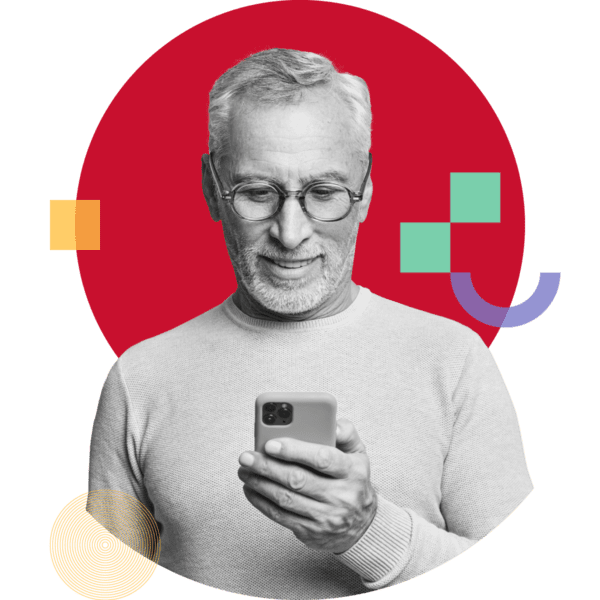 White mature man smiling on his phone portrait in black and white on red circle with decorative branding assets representing Startups by ipulse marketing