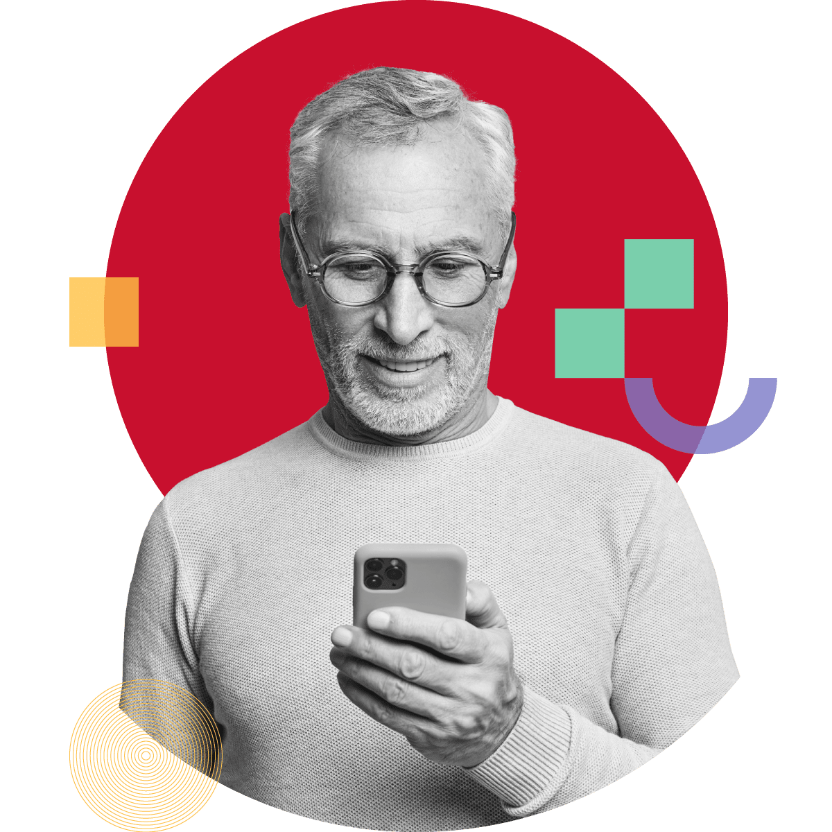 White mature man smiling on his phone portrait in black and white on red circle with decorative branding assets representing Startups by ipulse marketing