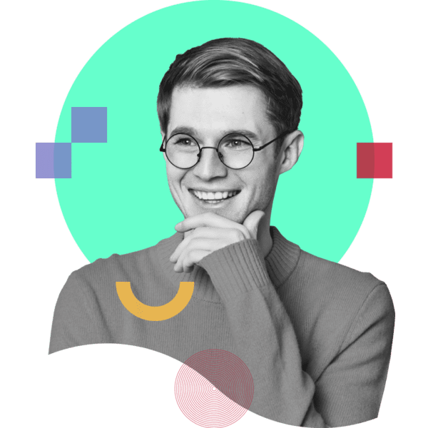 Young man with glasses smiling portrait in black and white on aquamarine circle with decorative branding assets representing Startups by ipulse marketing