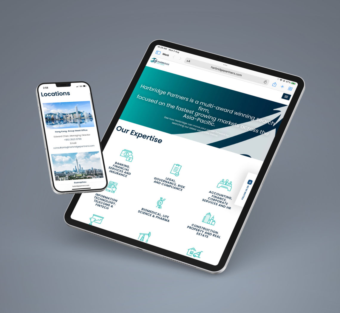 Harbridge Partners website shown on iphone and ipad with grey background