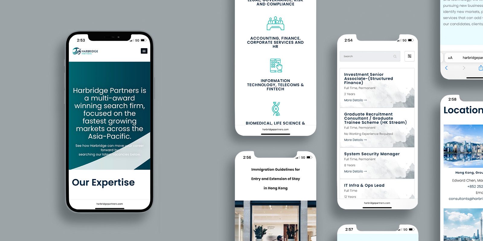 Harbridge Partners website on multi iPhone screens on grey background