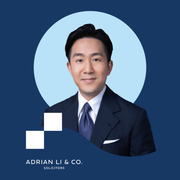 Professional Adrian Li & Co. Solicitors founder smiling at camera on blue background with decorative geometric shapes
