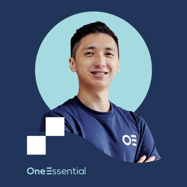 Friendly OneEssential founder Alan Hui smiling at camera on blue background with decorative geometric shapes