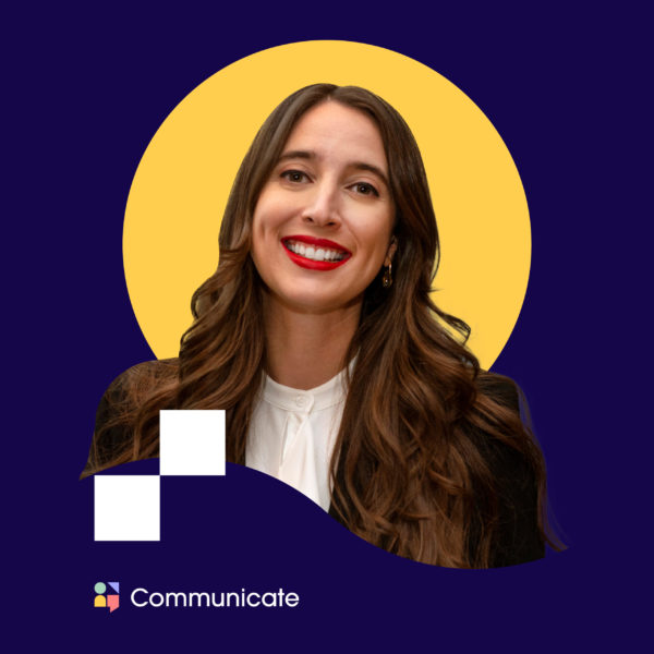 Founder of Communicate Training Co. Melanie Staunton smiling at camera on blue background with decorative geometric shapes